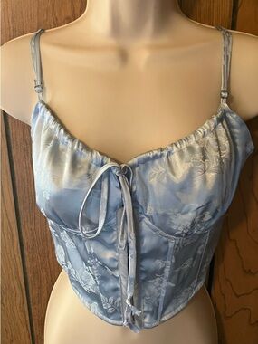 Satin Floral Corset Tank Top in Light Blue by LA Hearts - medium